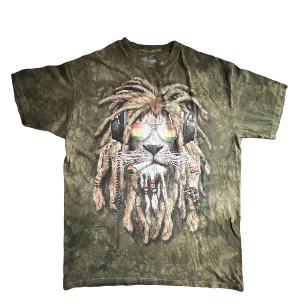 The Mountain 2011 DJ Jahman Rasta Lion T-shirt Size 2XL AOP Camo Green Tie-dye